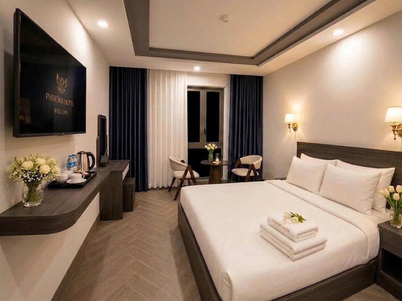 A hotel room with a bed, bedside tables, a desk, a TV, and a view of the outside.