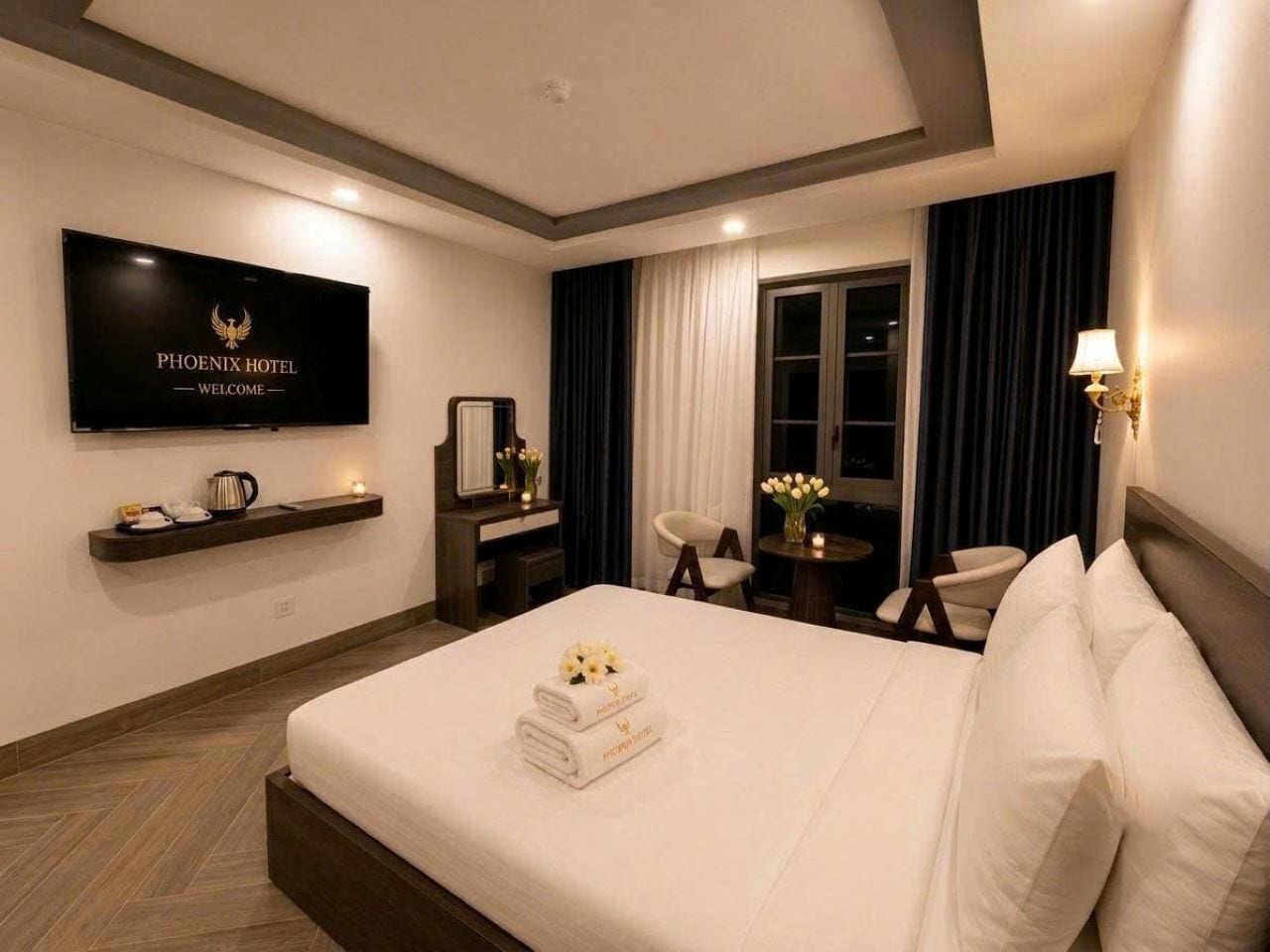 A hotel room with a bed, a TV mounted on the wall, a desk with a chair, a small table with a lamp, and a window with curtains.