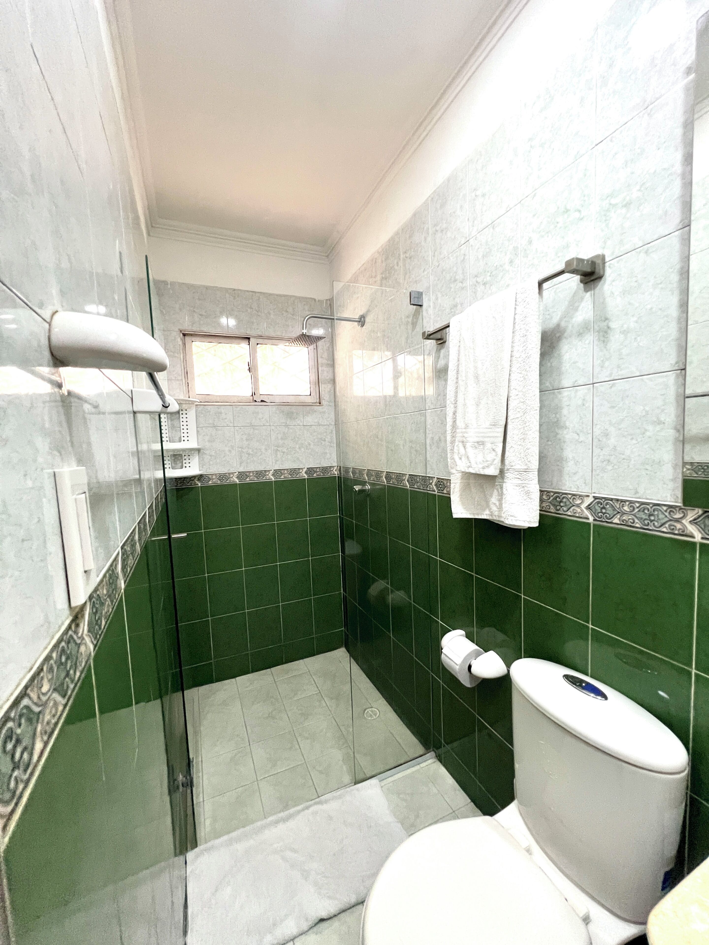 Een badkamer met douche, toilet en een raam.