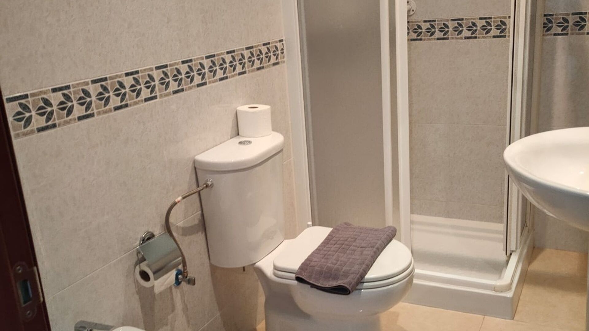 Een badkamer met een toilet, een douche en een wastafel.