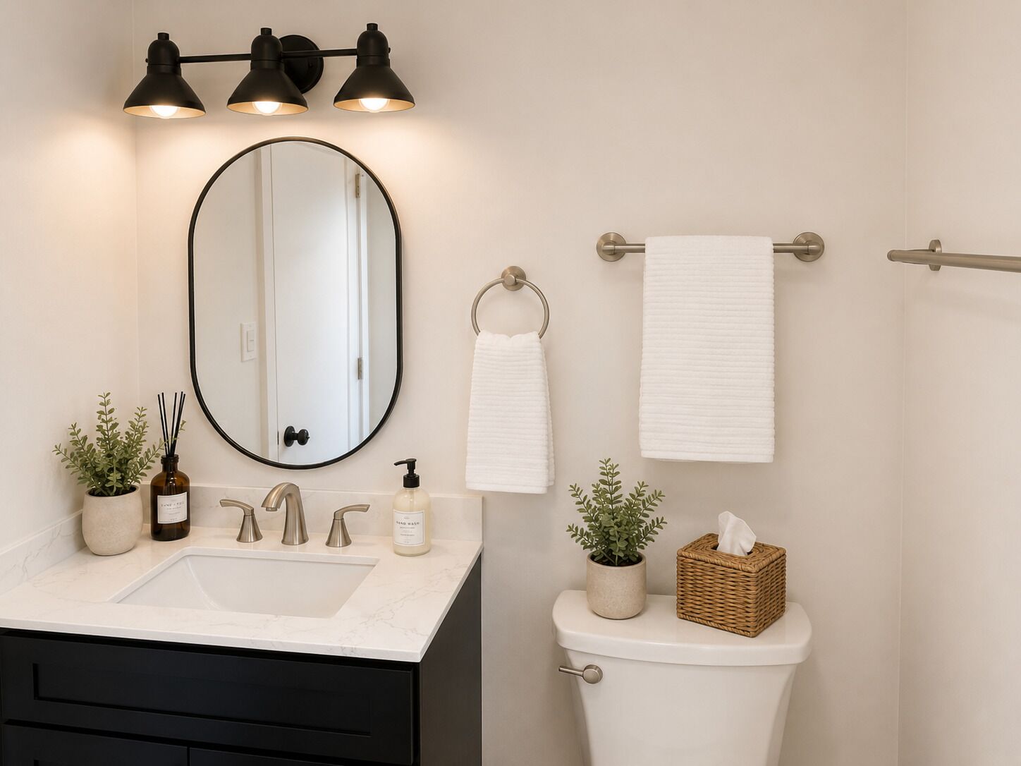 A bathroom with a sink, mirror, towel rack, toilet, and a small plant.