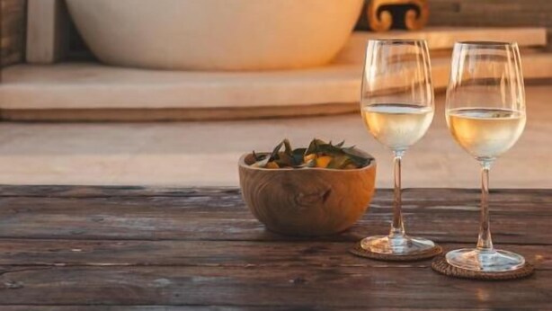 A wooden table with two wine glasses and a bowl of food, a glass-enclosed patio, and a large planter with plants. - Salty Lotus Hotel (Pecatu)