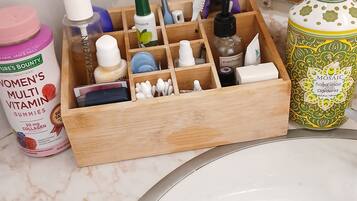 Hair dryer, towels, soap, toilet paper