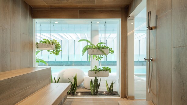 A reception area with a wooden bench, potted plants, and a view of the beach through glass doors. - Edificio SEIS by Host Ecuador (Quito)