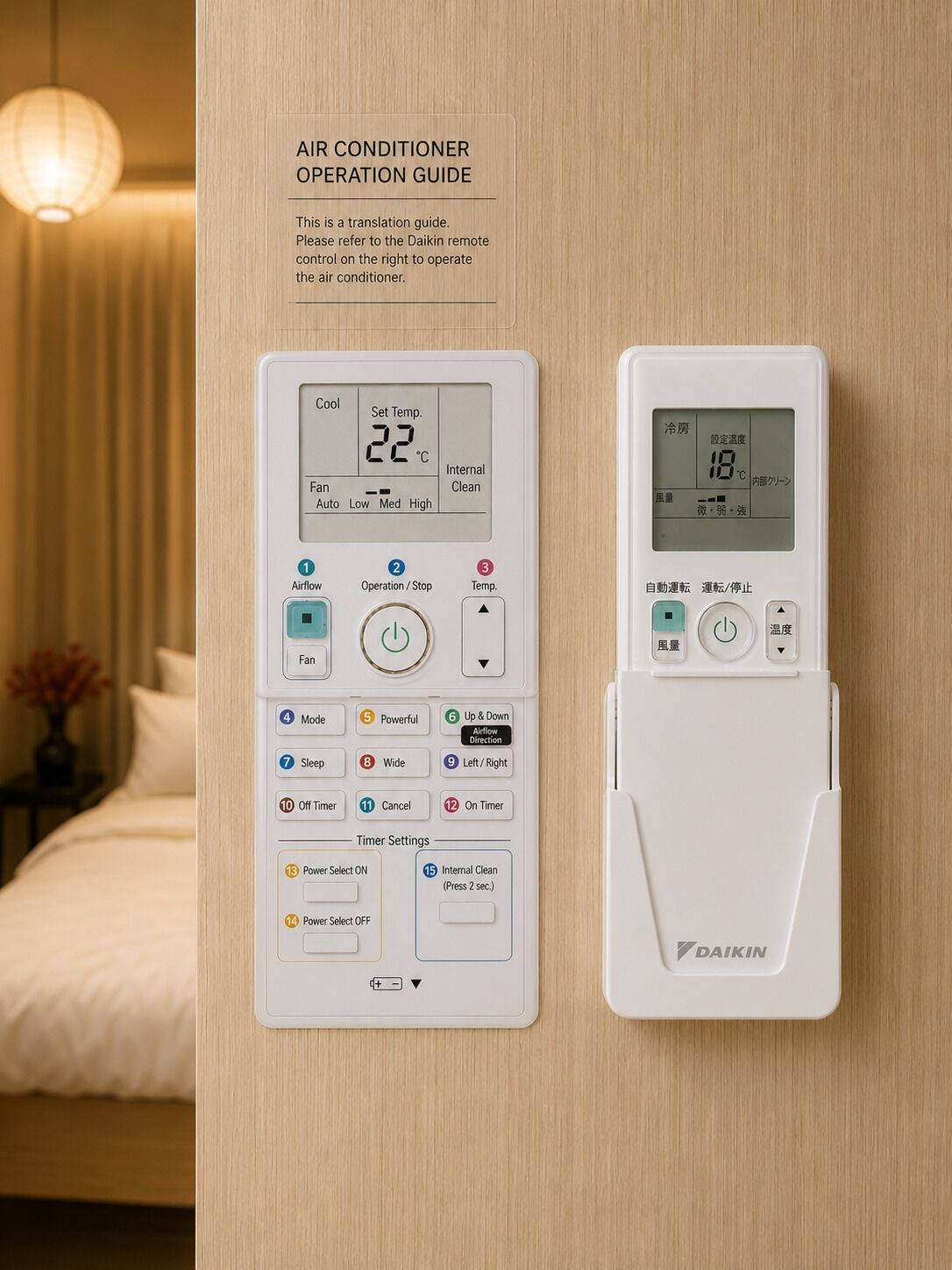 A wall-mounted air conditioner with a remote control, displaying temperature settings and operational modes.