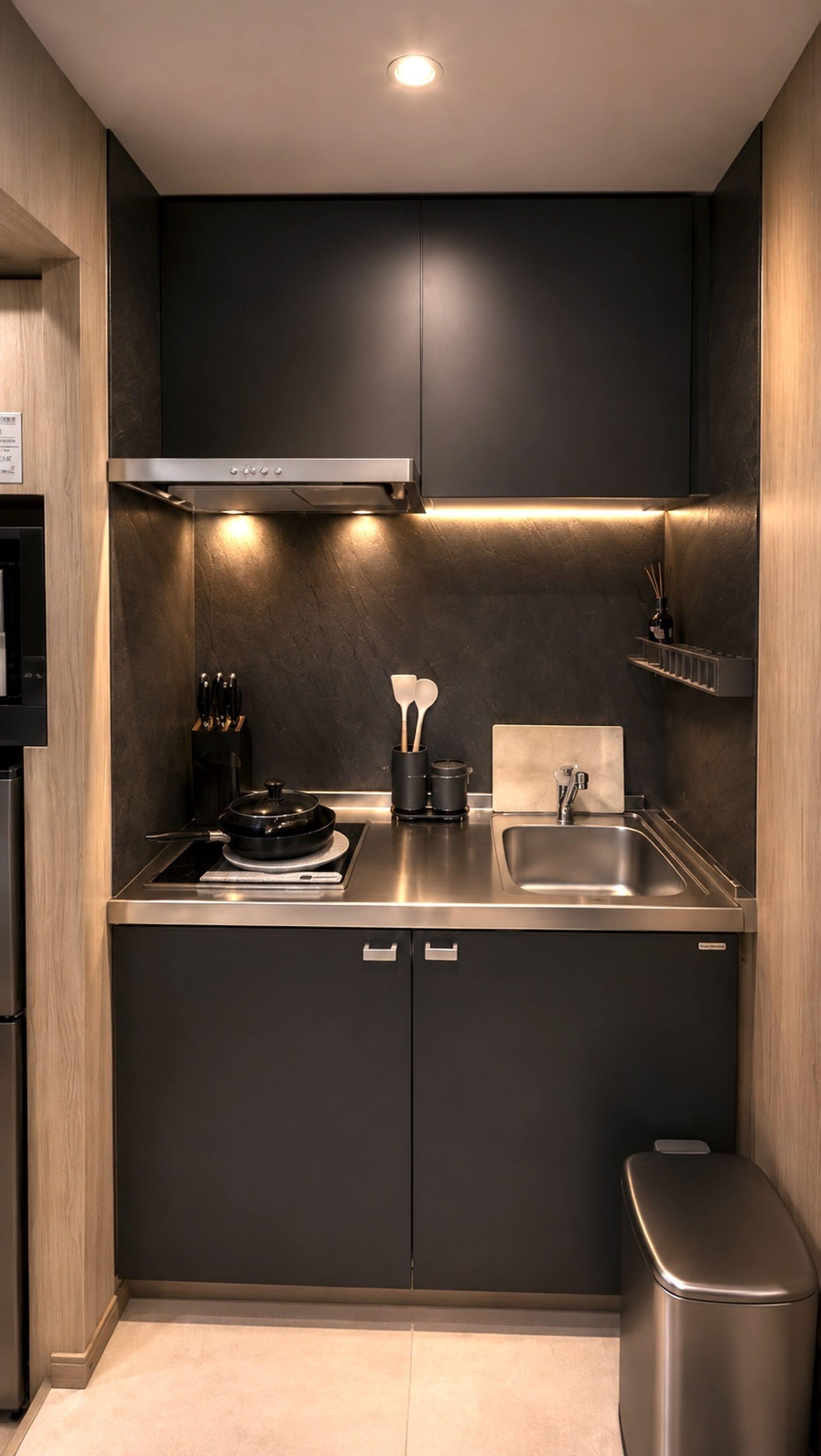 Full-size fridge, microwave, stovetop, cookware/dishes/utensils