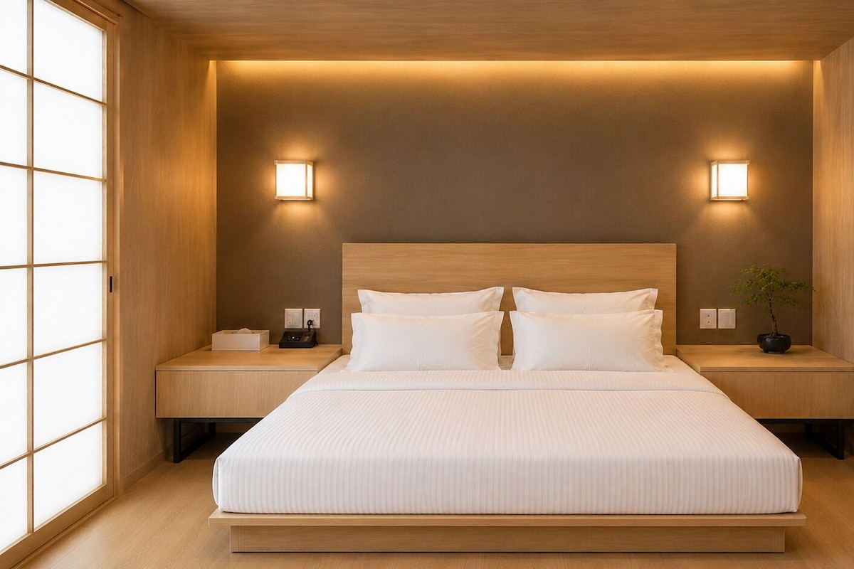 A bedroom with a large bed, bedside tables, wall-mounted lights, and a potted plant.
