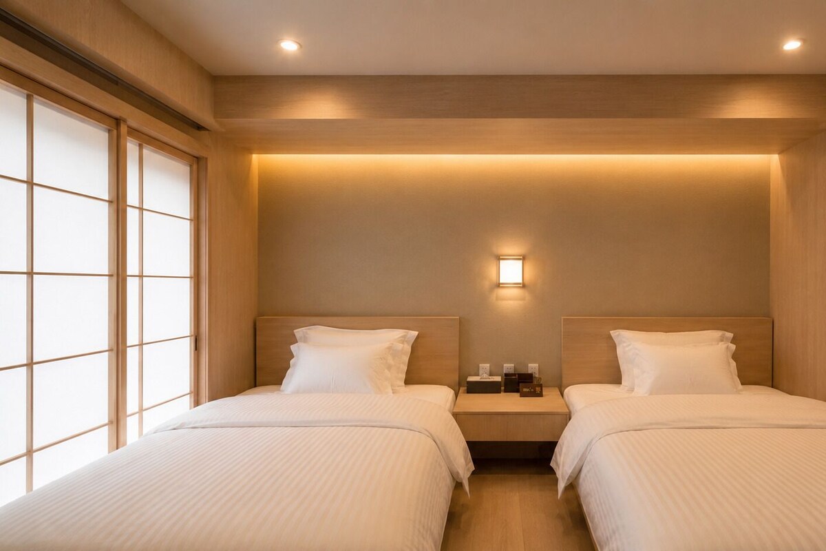 A hotel room with two beds, a nightstand, a wall-mounted light, and a sliding door.