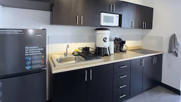 Frigorífico, microondas, placa de cocina y cafetera o tetera