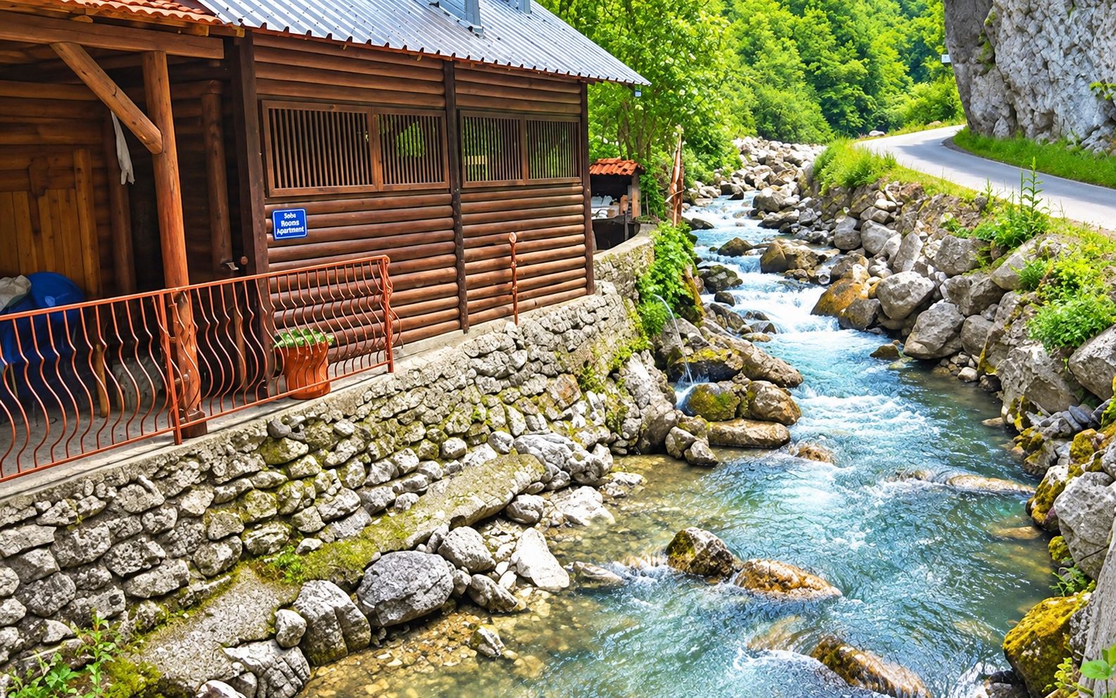 A wooden cabin with a stone wall and a sign indicating a sauna and bathroom.