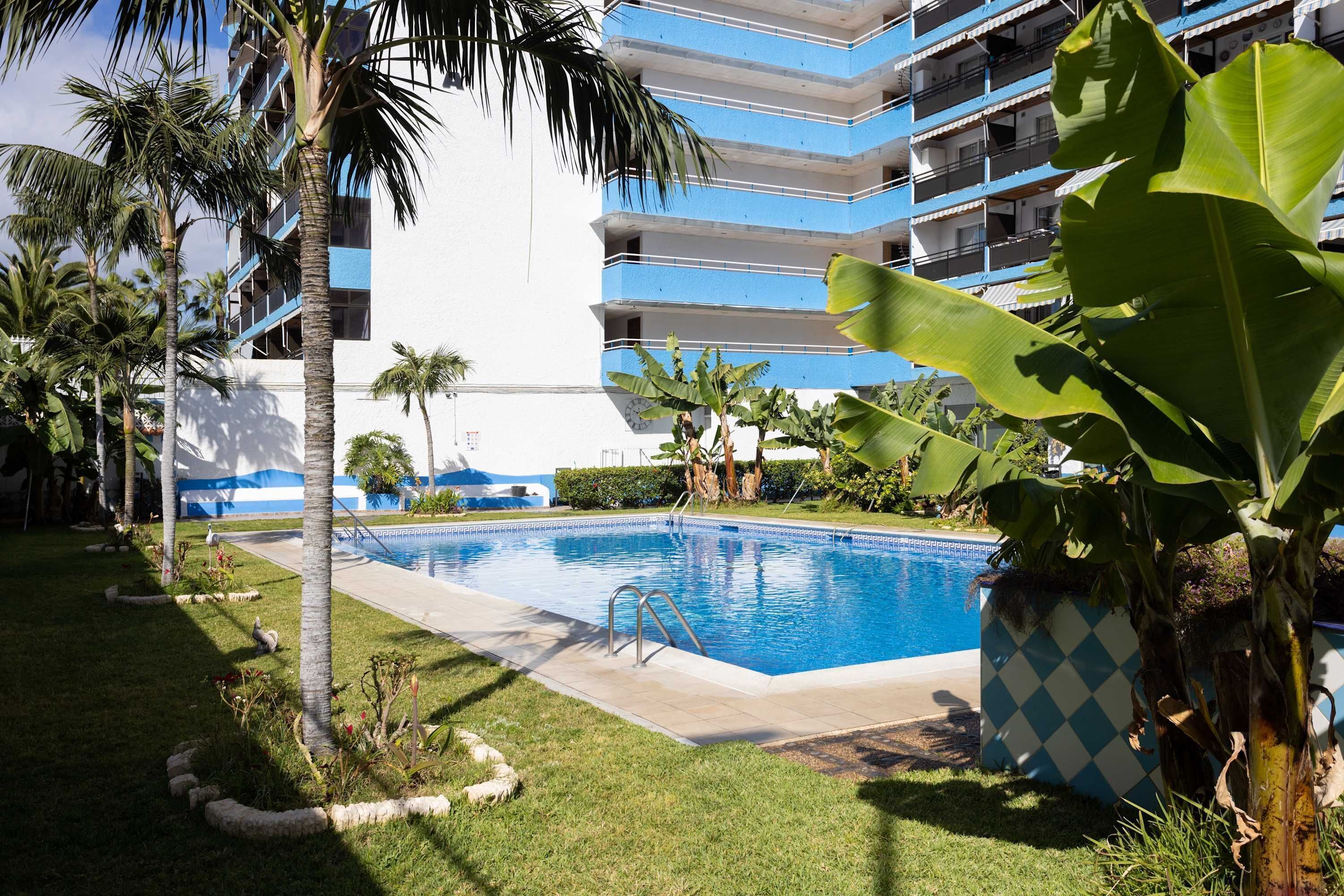 A swimming pool surrounded by palm trees and a multi-story building with balconies.