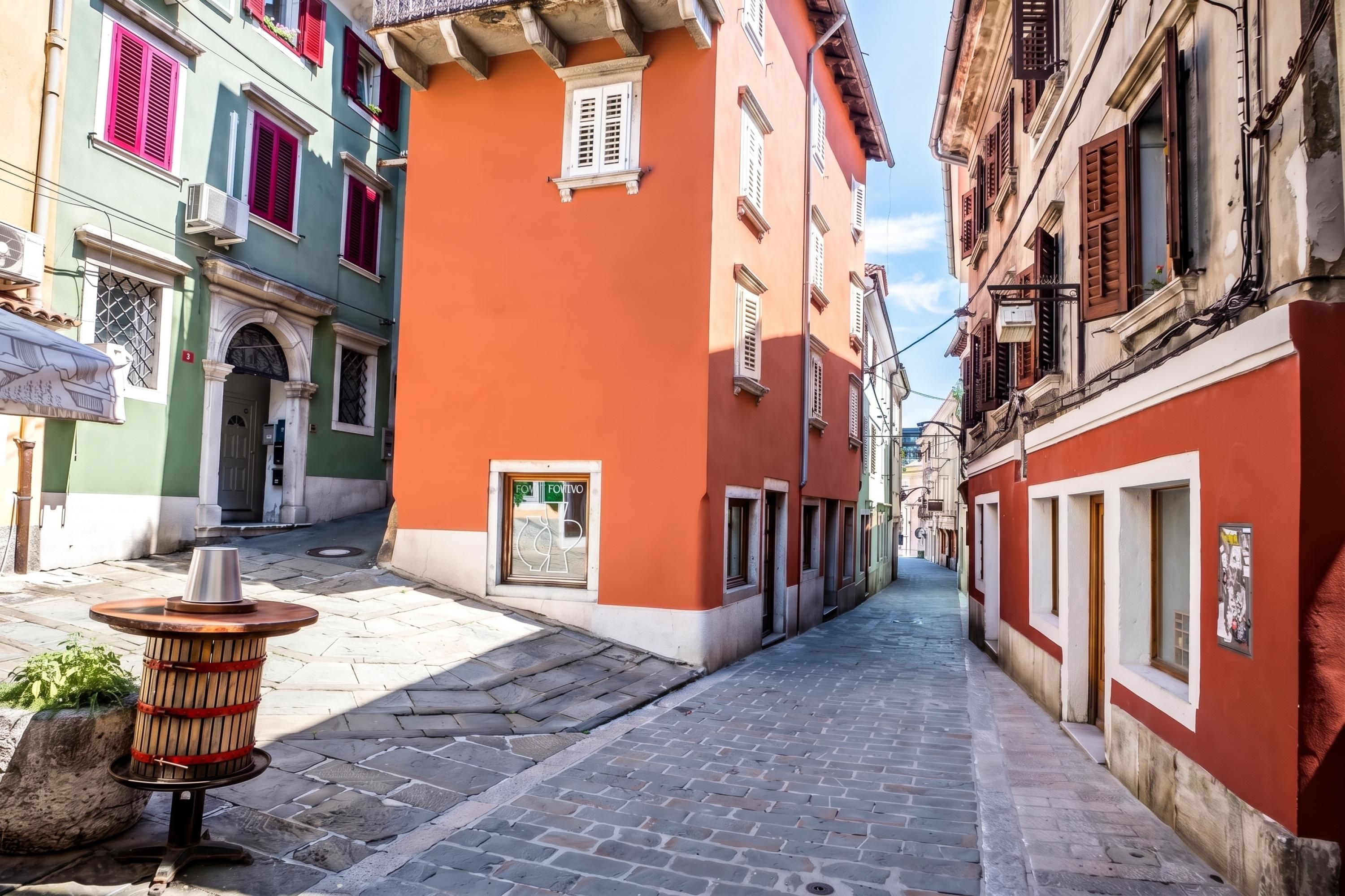 Une ruelle étroite pavée, bordée de bâtiments aux couleurs vives, avec un potelet métallique et une petite poubelle.