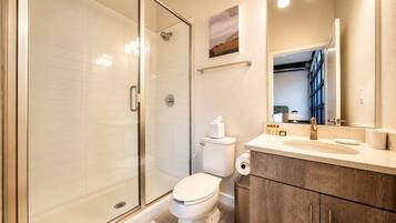 Shower, hair dryer, towels, shampoo