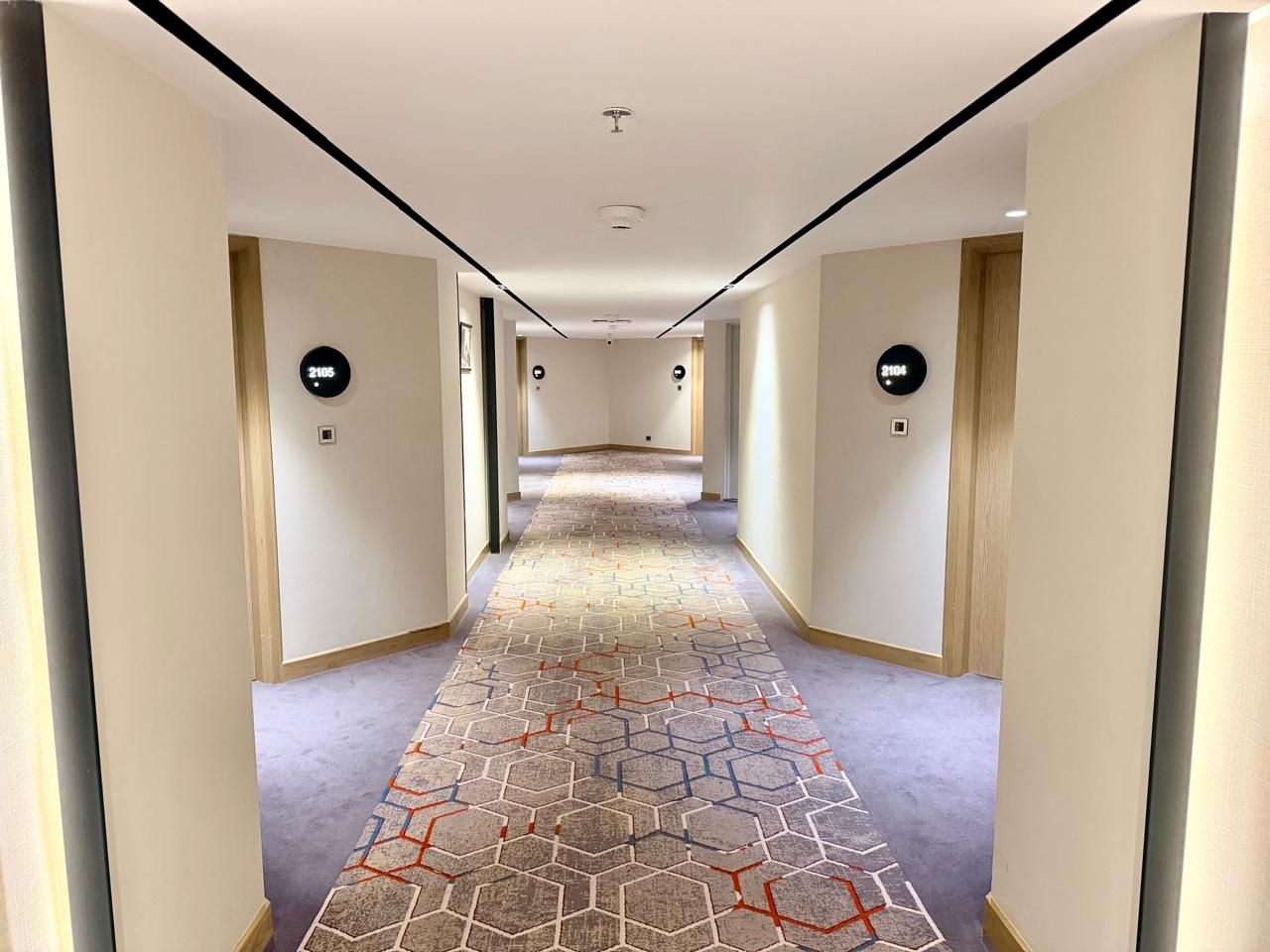Corredor de hotel com carpete estampado, portas com interruptores de luz e luminária no teto.