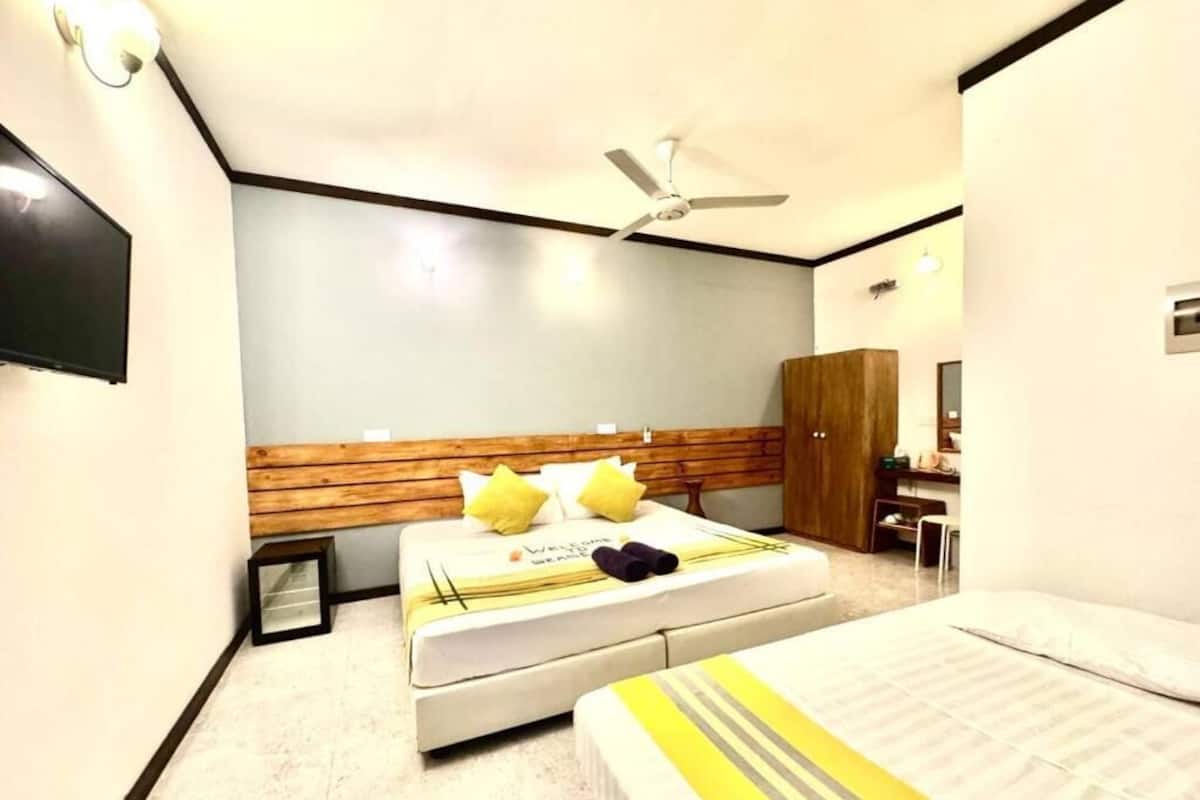 A bedroom with a bed, a ceiling fan, a TV, and a wardrobe.