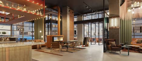 A modern lounge area with a bar, seating, and a fireplace.
