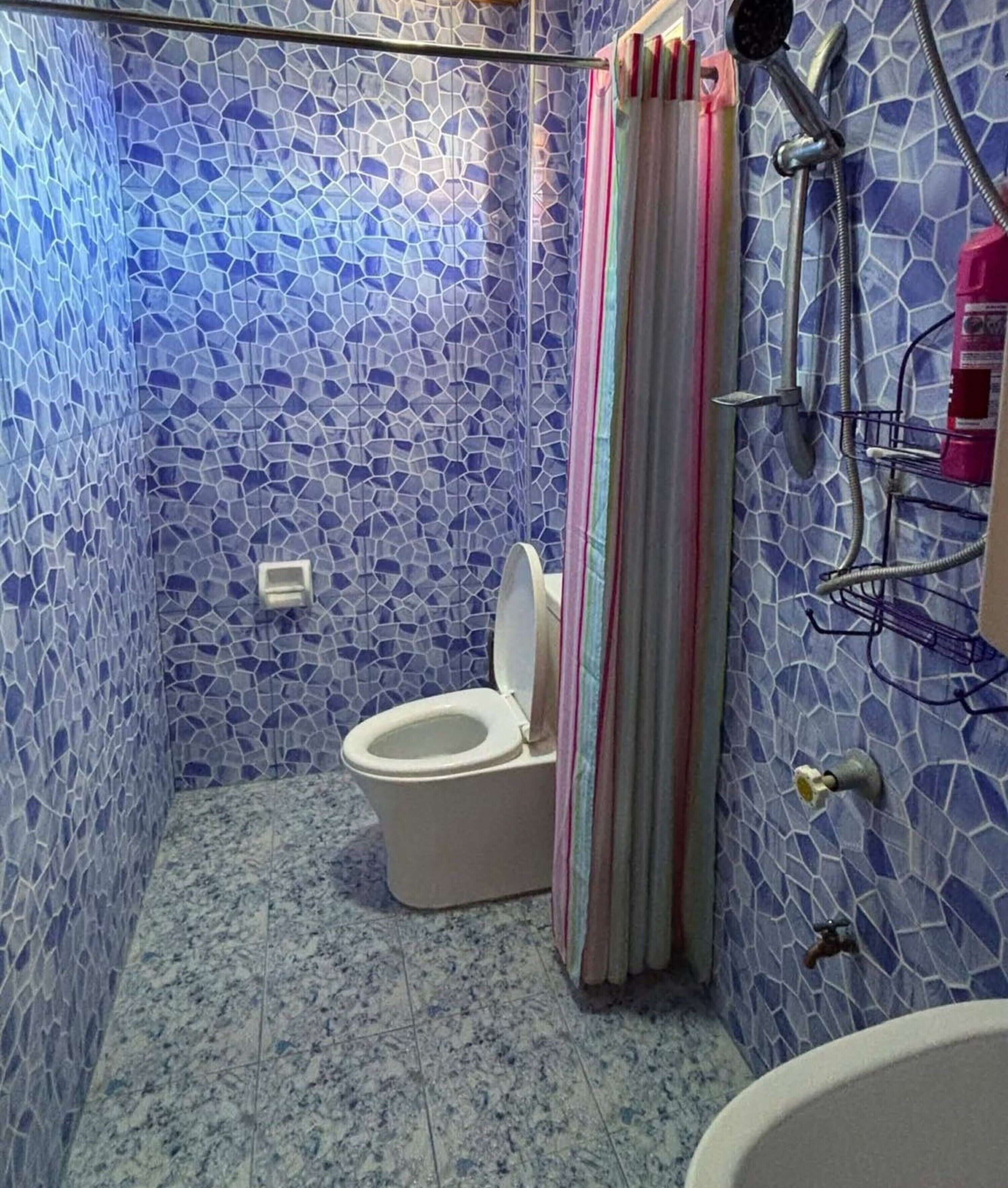 A bathroom with a mosaic tile wall, a toilet, a shower with a curtain, and a sink.