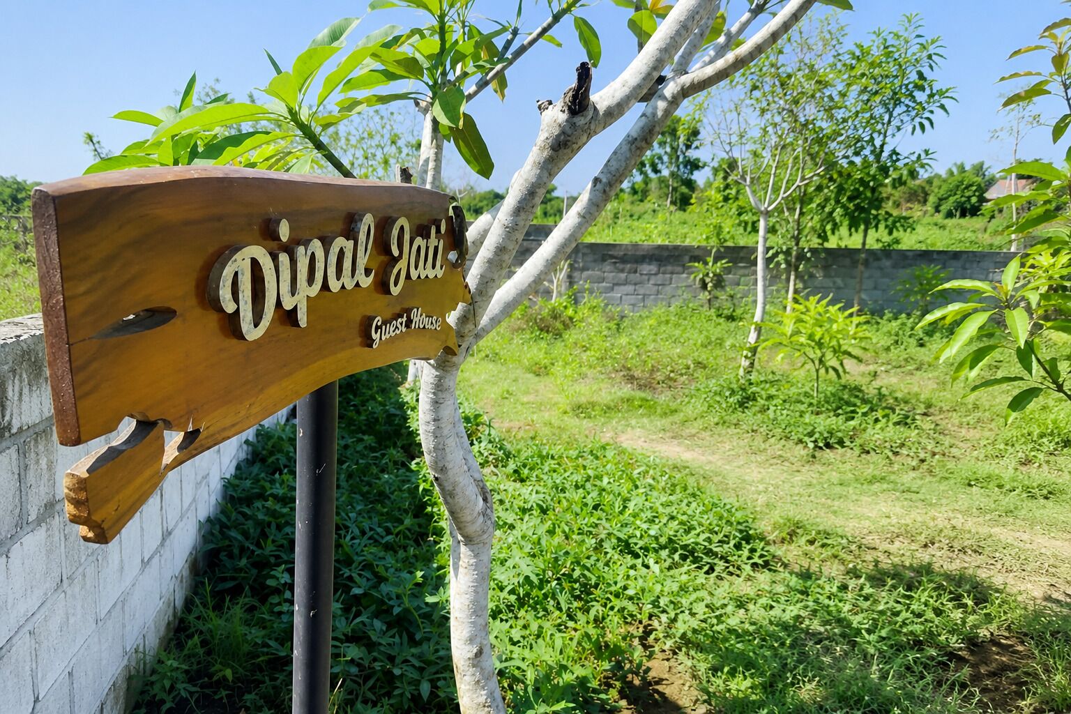 A wooden sign with the text 'Dipal Jati' and 'Guest House' indicating a lodging facility.