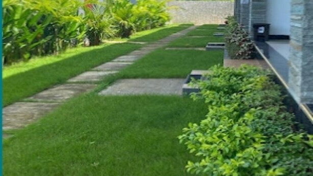 Un edificio moderno con un paseo cubierto, un césped cuidado y un muro de piedra.