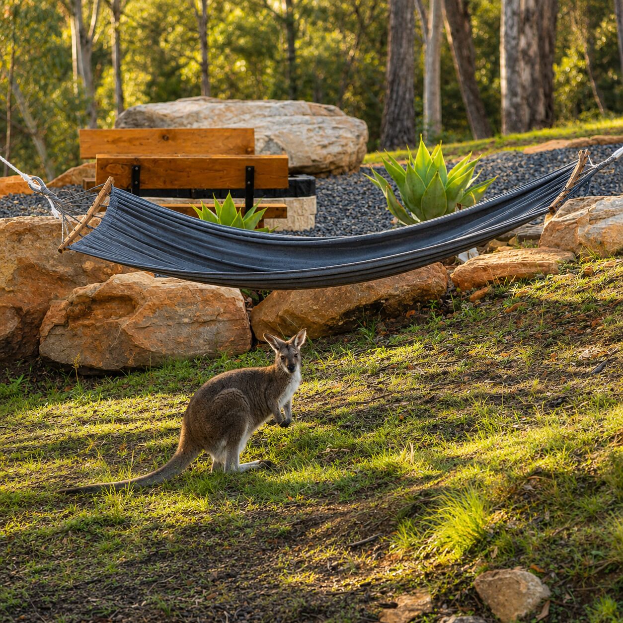 Wake to kangaroos & native wildlife roaming freely across 104 acres of peaceful Australian bushland