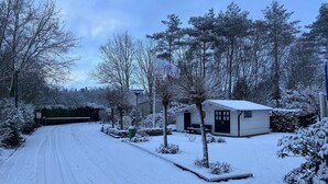 Une rue résidentielle enneigée, bordée de maisons et d’arbres, sous un ciel dégagé.