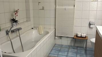 Hair dryer, towels, soap, toilet paper