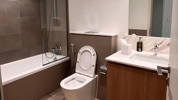 Shower, hair dryer, bidet, towels