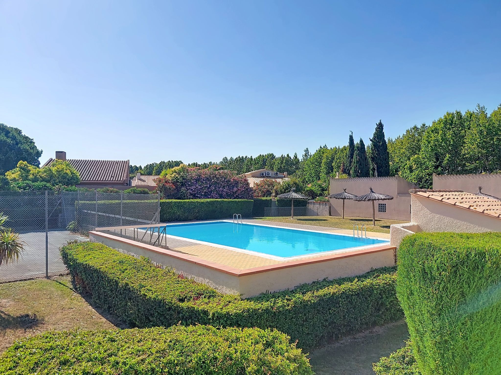 A rectangular swimming pool surrounded by neatly trimmed hedges, with a clear blue sky above and a fence enclosing the area.