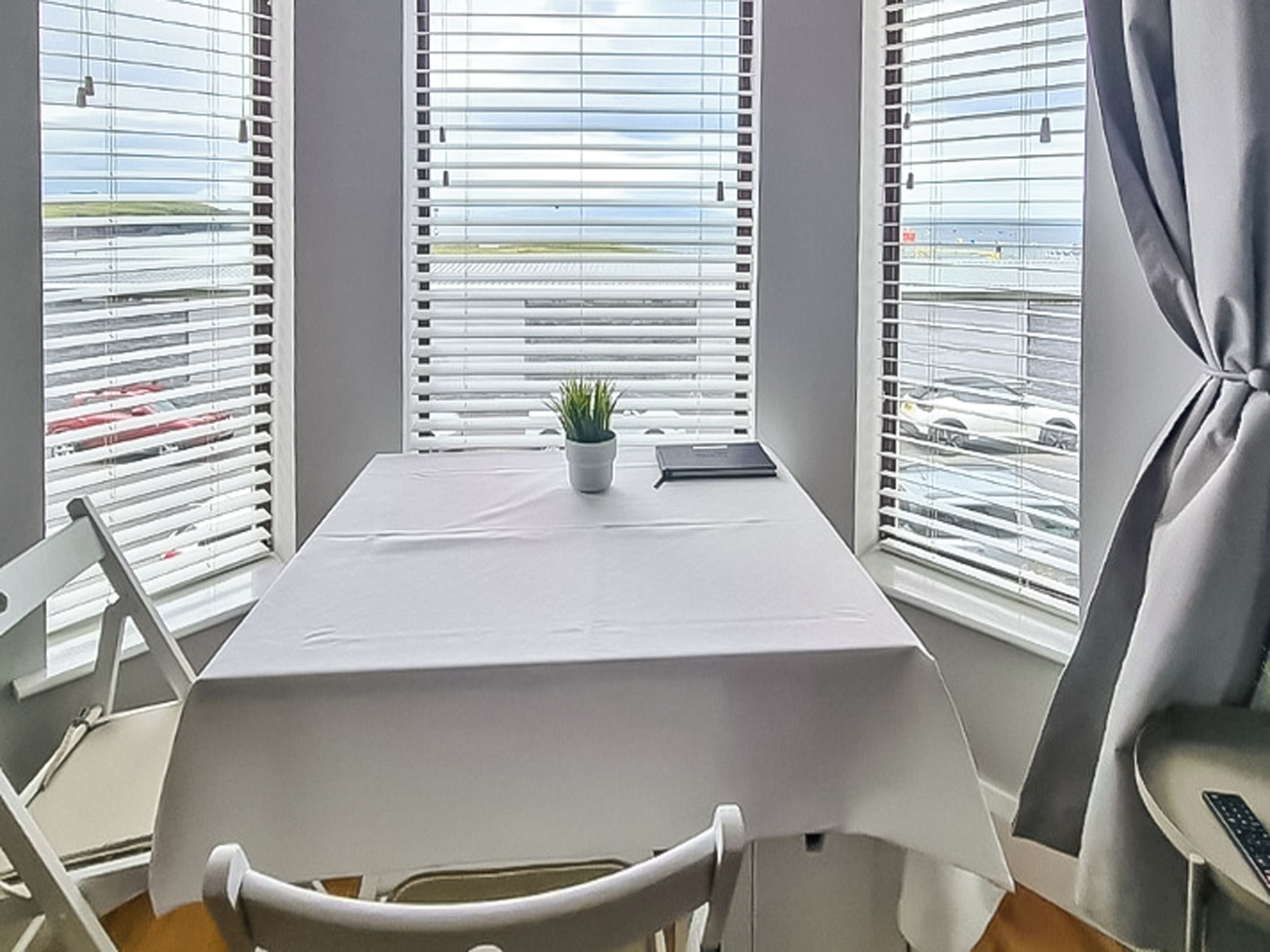 A hotel room with a table, chairs, a potted plant, and windows with blinds.