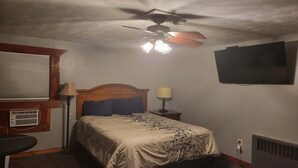 Une chambre à coucher comprenant un lit, un ventilateur de plafond, une télévision, une fenêtre avec des stores, un radiateur et une lampe.