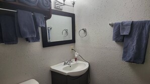 Une salle de bain équipée d’un lavabo, d’un miroir, d’un porte-serviettes et de toilettes.