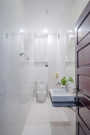 Regadera, secadora de cabello, toallas, papel de baño 