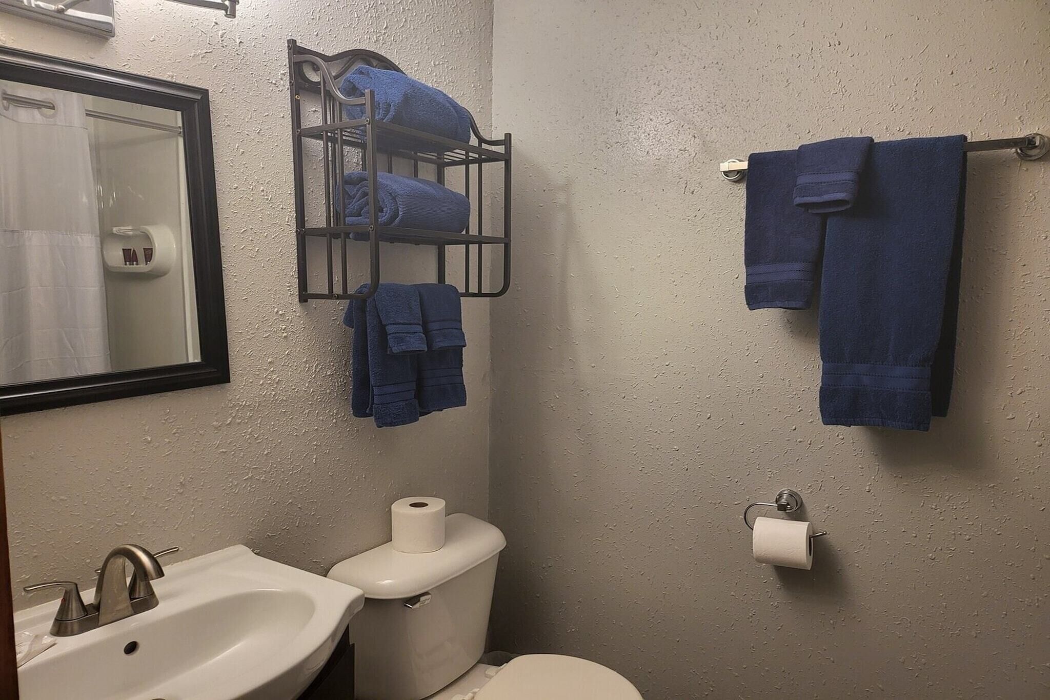 Un baño con lavamanos, inodoro y toallero con toallas.