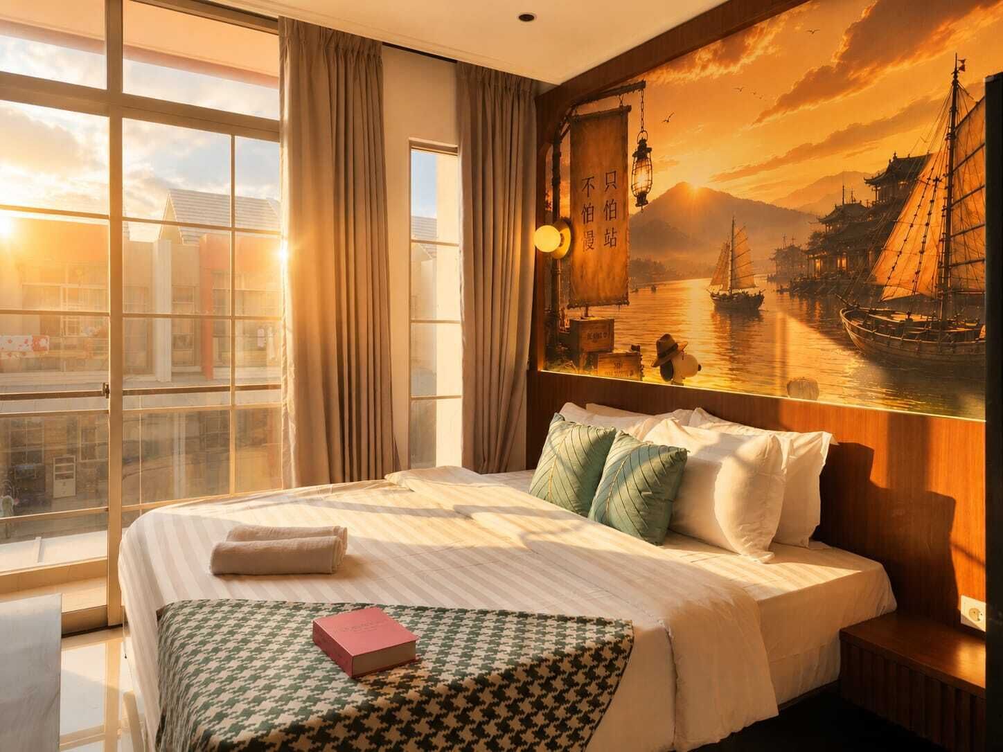 A hotel room with a large bed, a view of a cityscape through the window, and a painting of a river scene on the wall.
