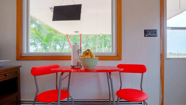 A dining area with a table and two red chairs, a bowl with bananas, and a window with a view of trees.