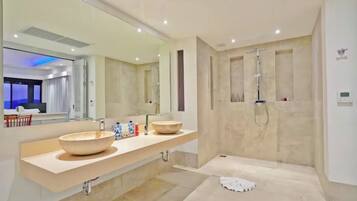 Hair dryer, towels, soap, shampoo