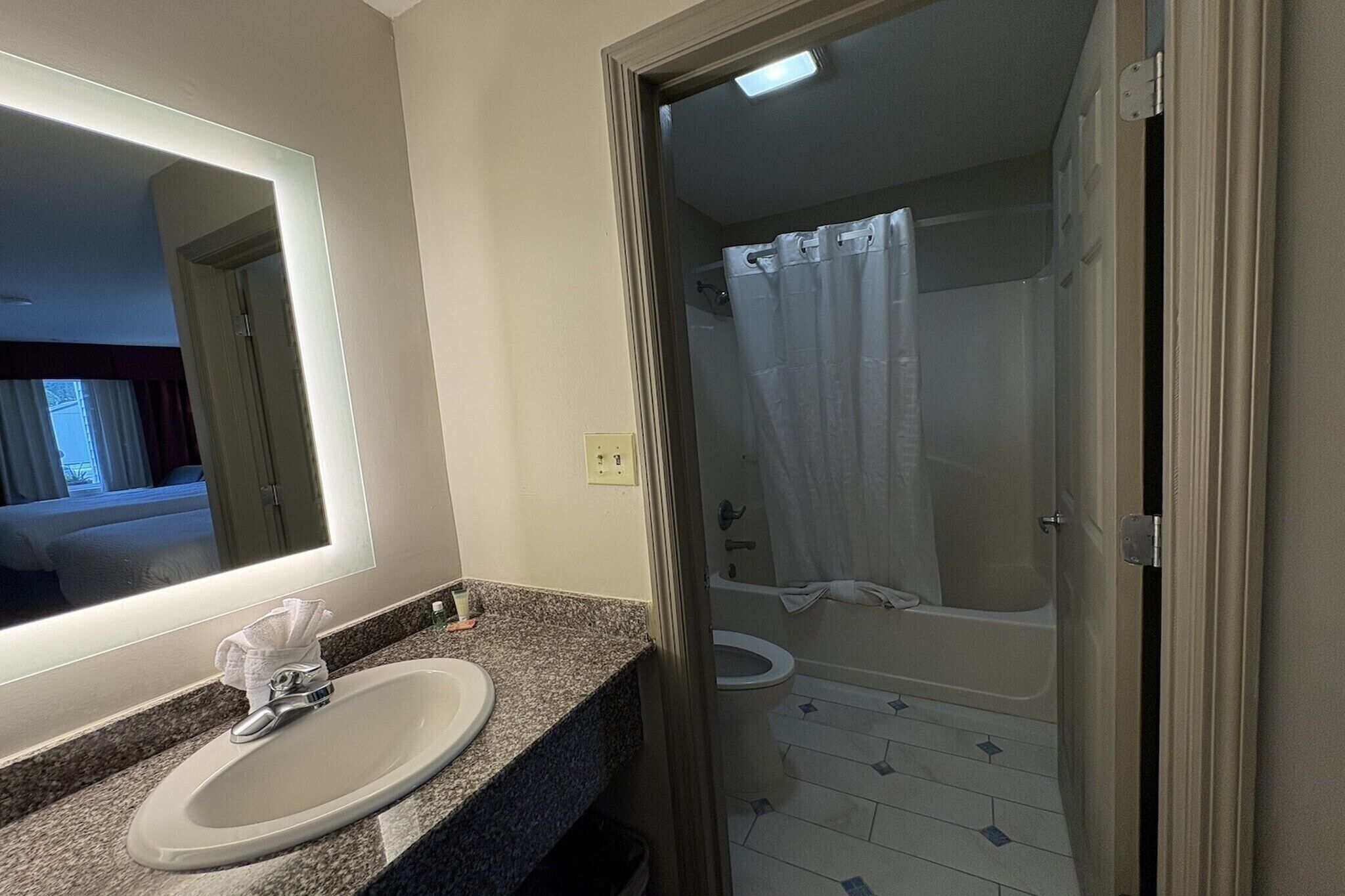 A bathroom with a sink, mirror, toilet, and shower.
