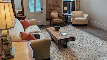 TV, fireplace, books