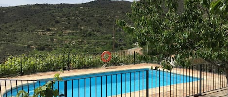 A swimming pool with a black metal fence, surrounded by greenery and hills in the background.