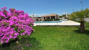 Un área de piscina con una estructura cubierta, una palmera y flores moradas vibrantes.