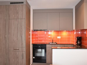 Une cuisine avec des meubles en bois, un lave-vaisselle noir et un dosseret de carreaux orange.