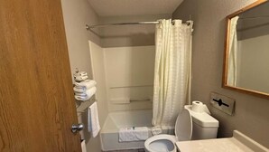 A bathroom with a toilet, a shower, a bathtub, a towel rack, and a mirror.