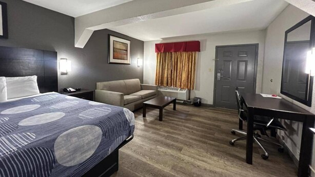 A hotel room with a bed, a sofa, a desk, and a chair.