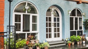 A building with three arched windows, a black metal gate, and multiple potted plants on the ground. - Super Collection O Mall Road (Dehradun)