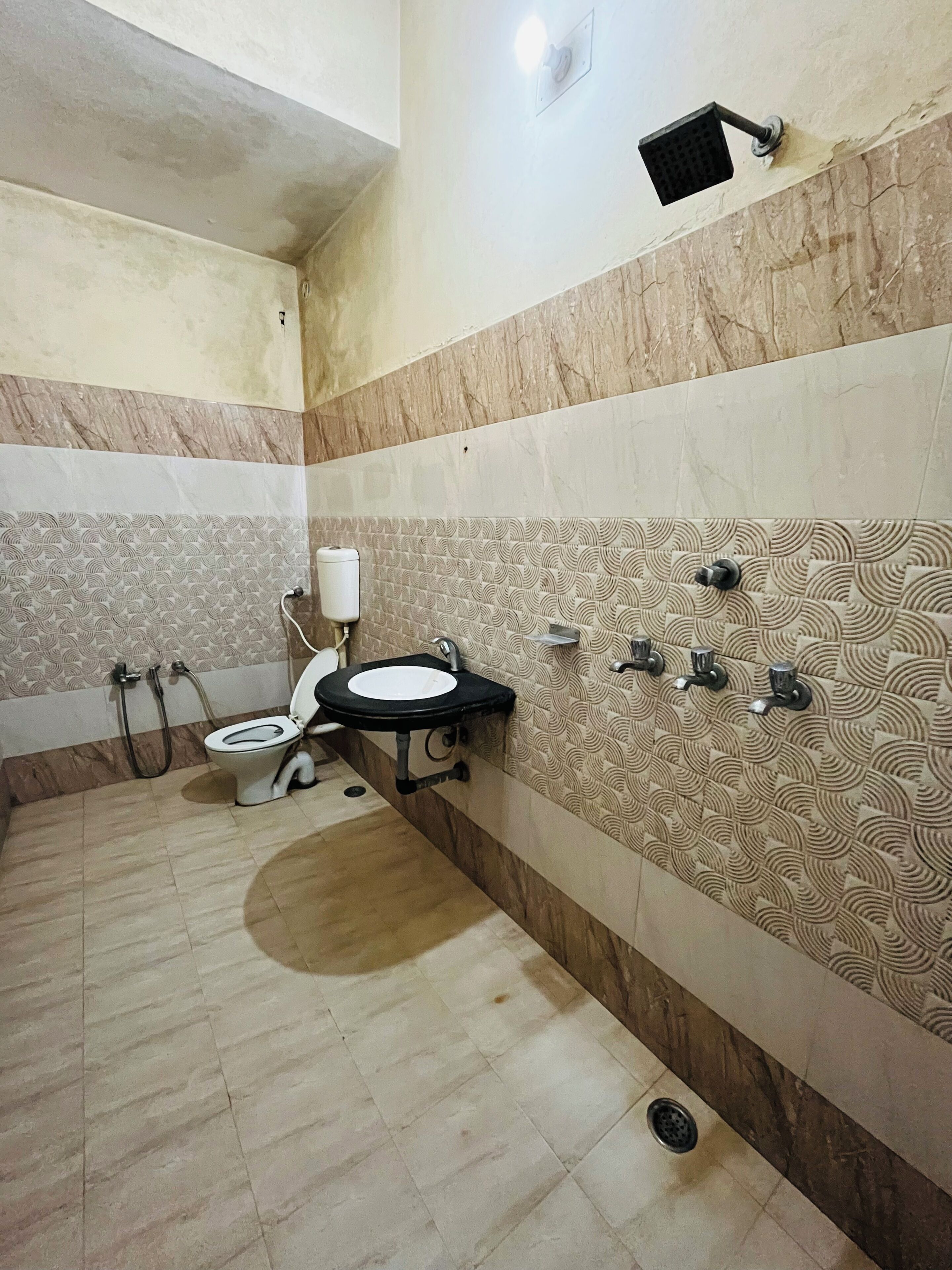 Een badkamer met toilet, wastafel en douche.