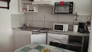 Kompakti keittiö, jossa on mikroaaltouuni, kahvinkeitin ja pieni pesuallas.