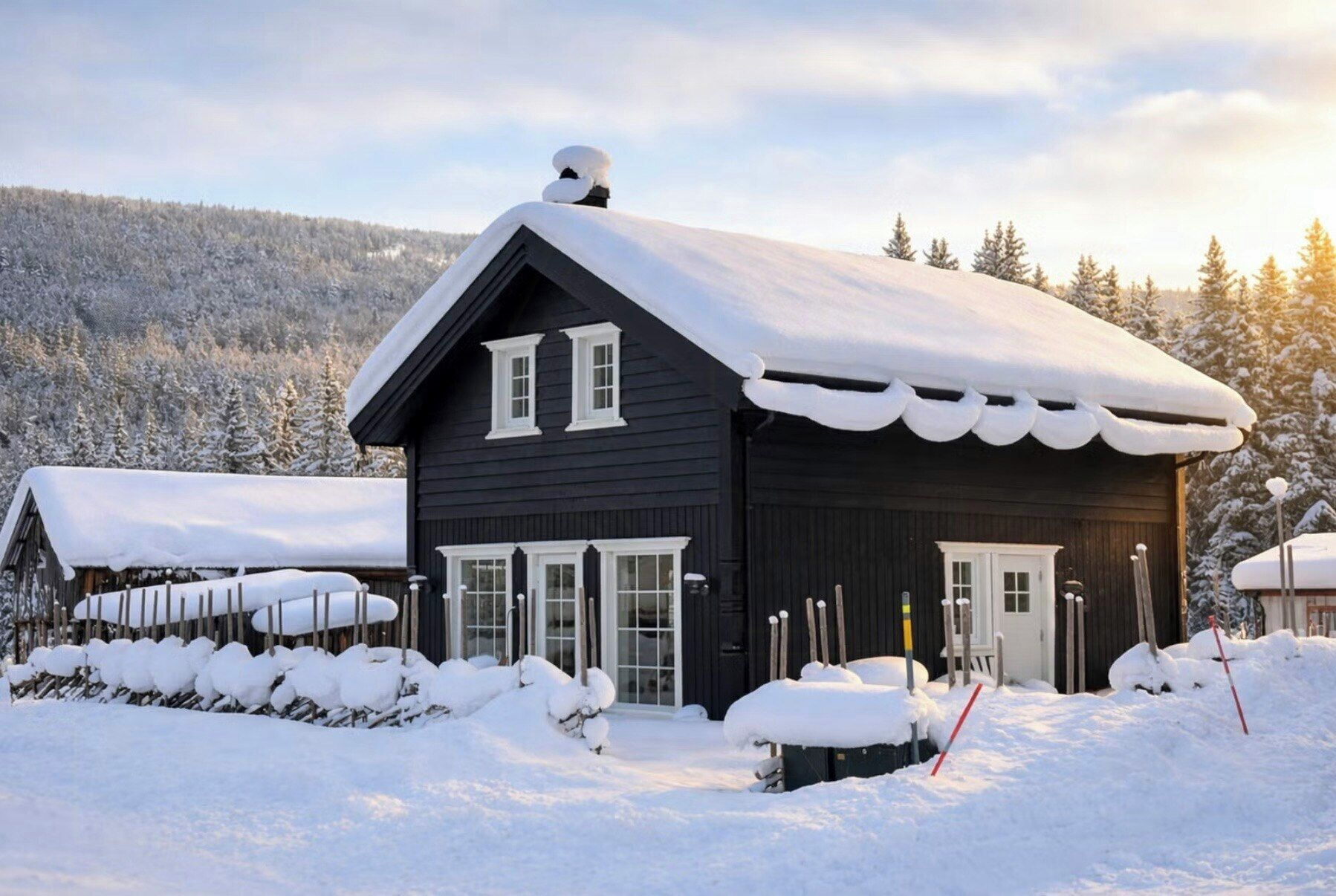 Uma cabana de madeira coberta de neve, com telhado inclinado, chaminé e porta com janela.