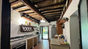 Une cuisine équipée d’une cuisinière, d’un évier et de placards, avec un plafond en bois et une porte donnant sur l’extérieur.