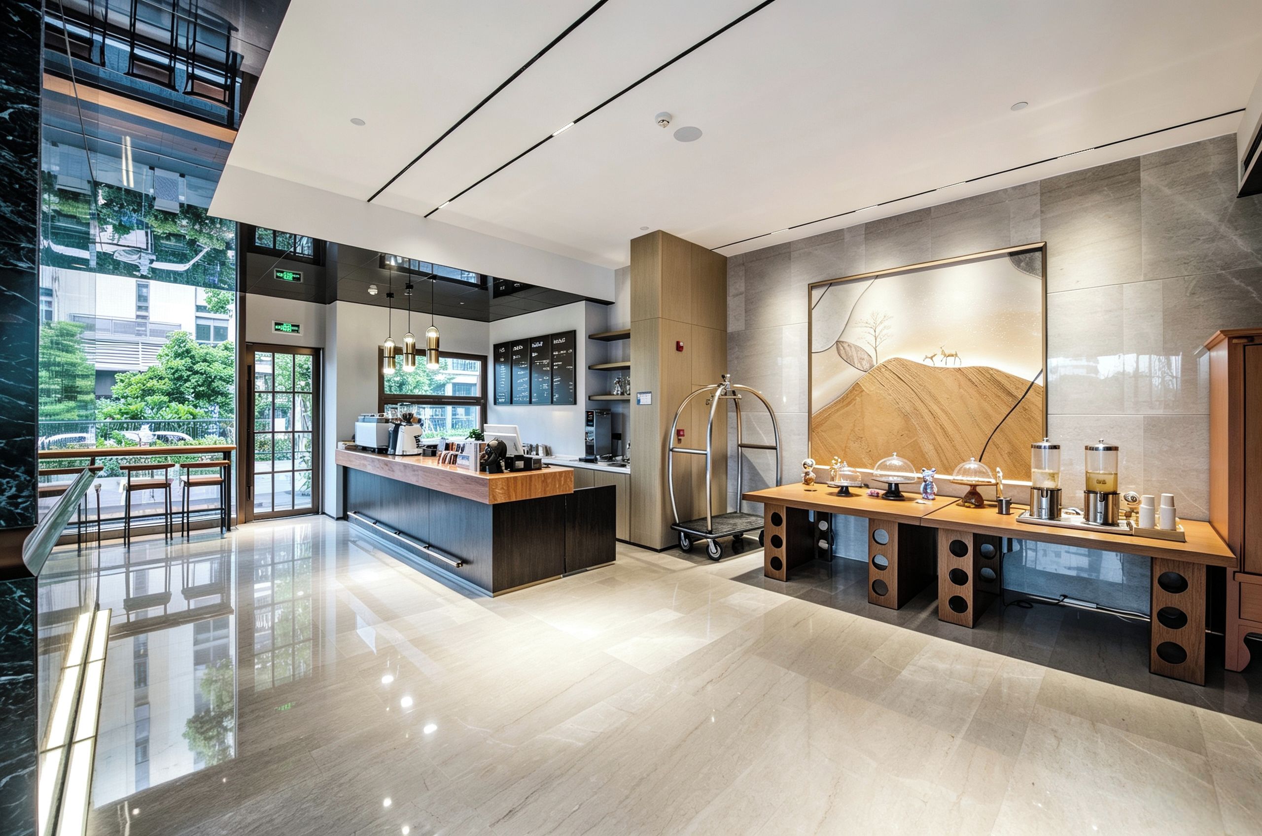 Un moderno vestíbulo de hotel con un mostrador de recepción, una estación de café y un amplio ventanal con vistas al exterior.