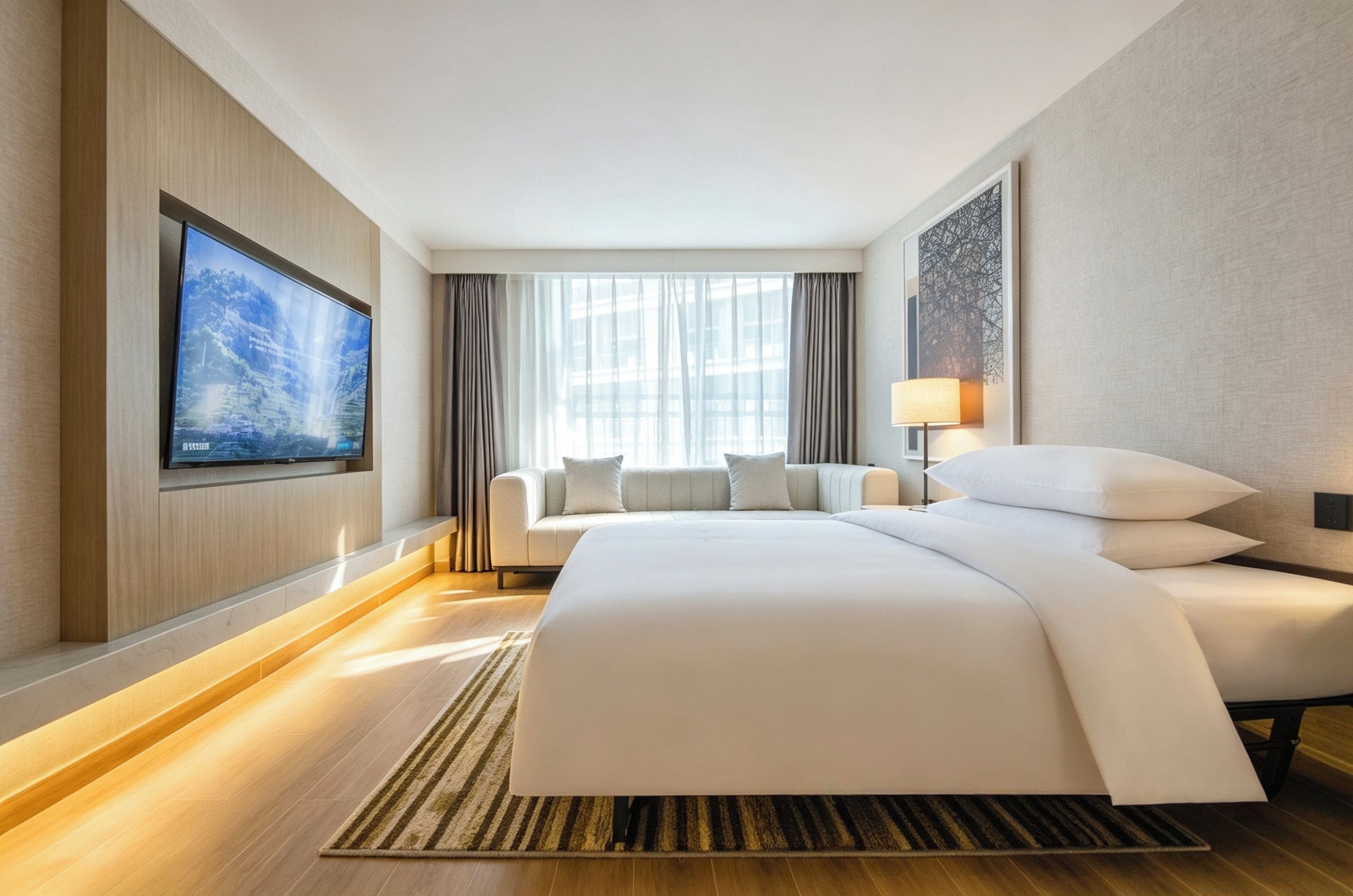 Een hotelkamer met een groot bed, een slaapbank, een aan de muur bevestigde televisie en een raam met gordijnen.